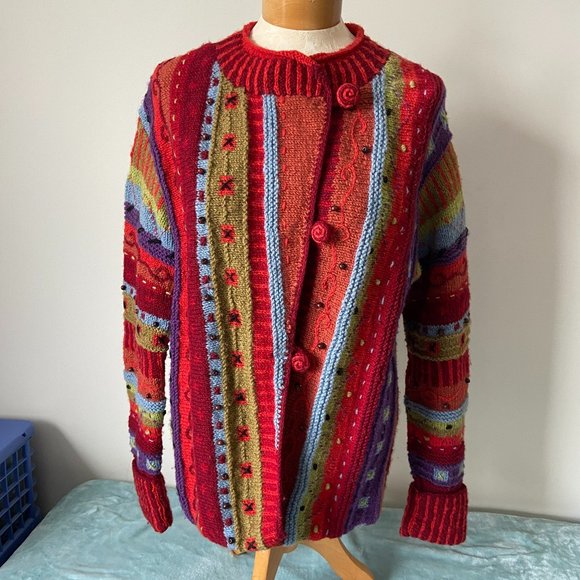 Newari Handmade Nepalese Icelandic 100% Wool Sweater Multi-color Size L/XL - Picture 1 of 6